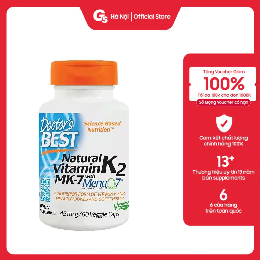 Viên uống Doctor's Best Natural Vitamin K2 with MenaQ7 (45mcg) nhập khẩu Mỹ phân phối Gymstore giúp chắc khỏe xương