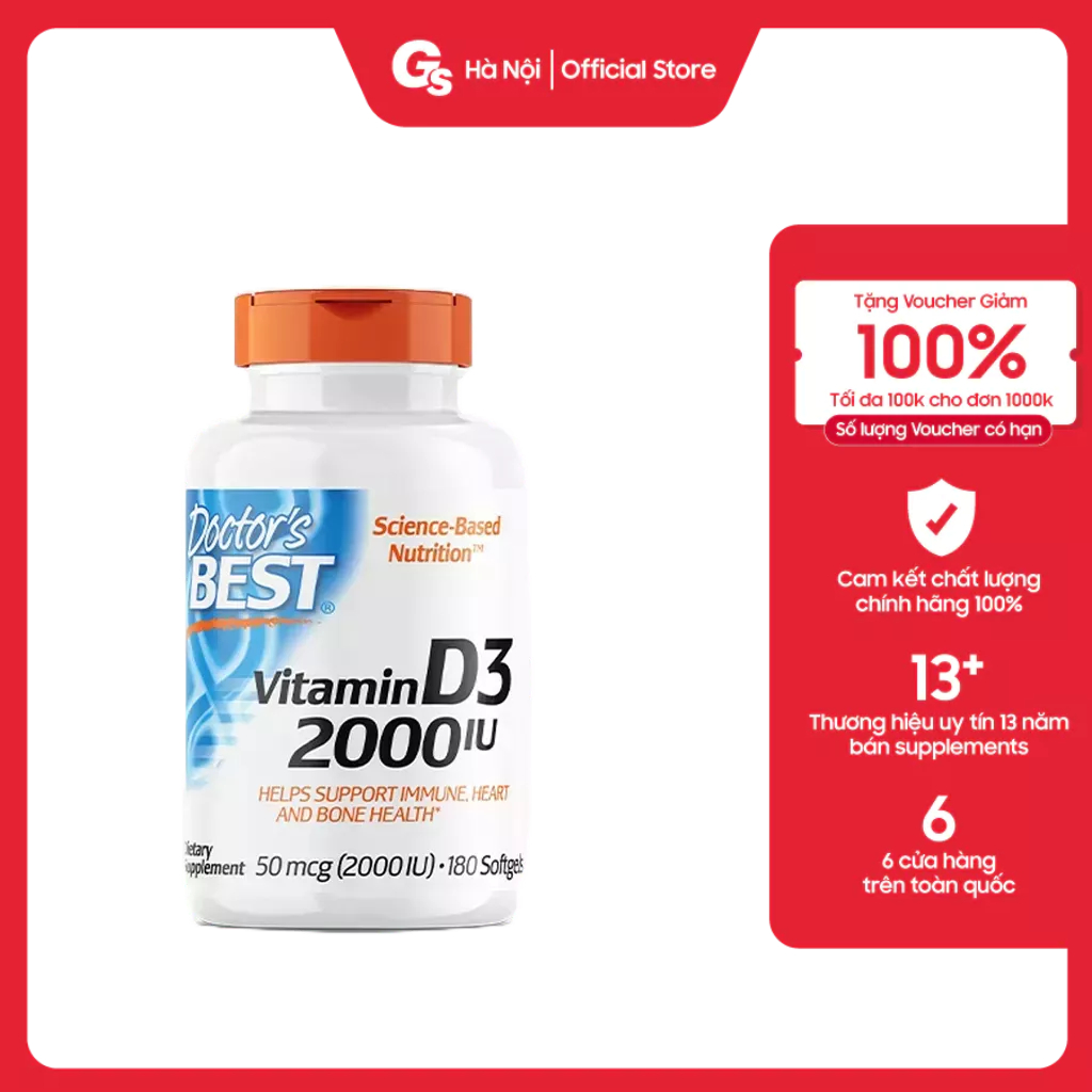 Viên uống Doctor's Best Vitamin D3 - 2000 IU (50mcg) nhập khẩu Mỹ - Gymstore bảo vệ sức khỏe toàn diện