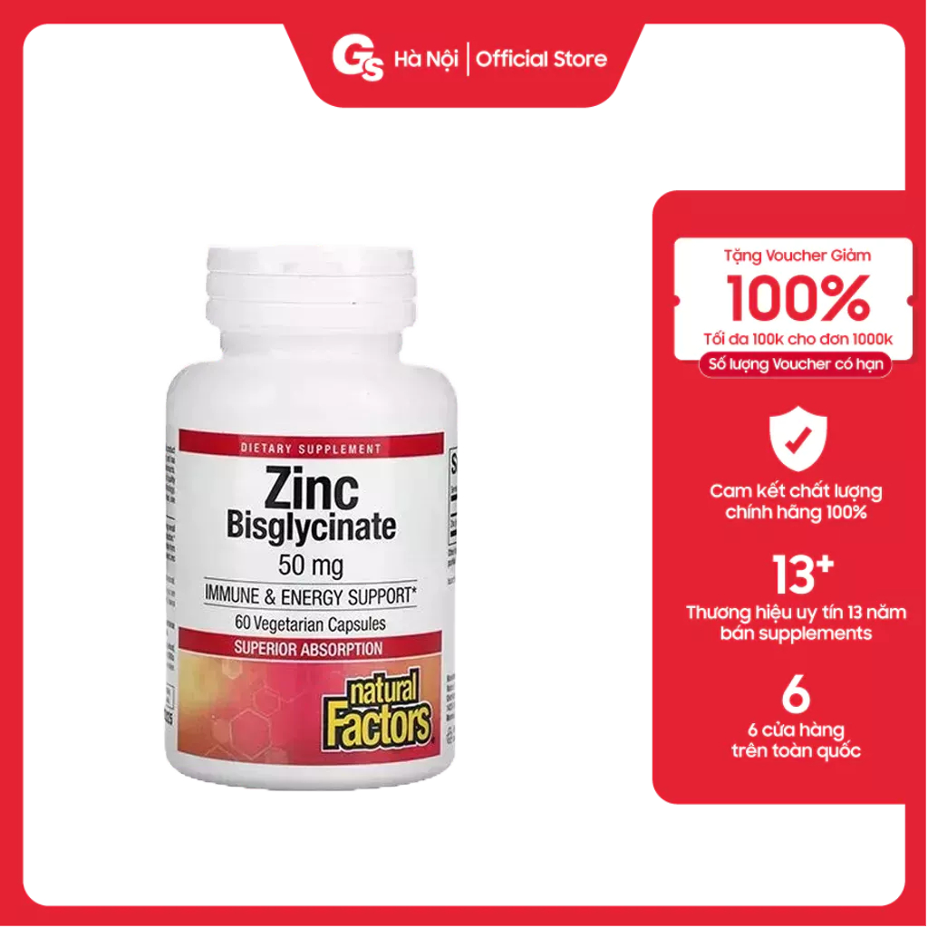 Viên uống Natural Factors Zinc Bisglycinate 50 mg (60 viên) nhập khẩu Canada - Gymstore