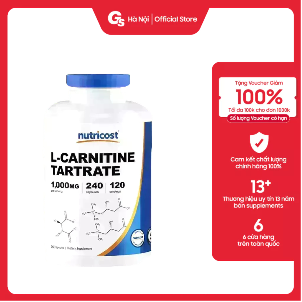Viên uống Nutricost L-Carnitine Tartrate Capsules, 500 mg nhập khẩu Mỹ - Gymstore cải thiện phục hồi sau luyện tập