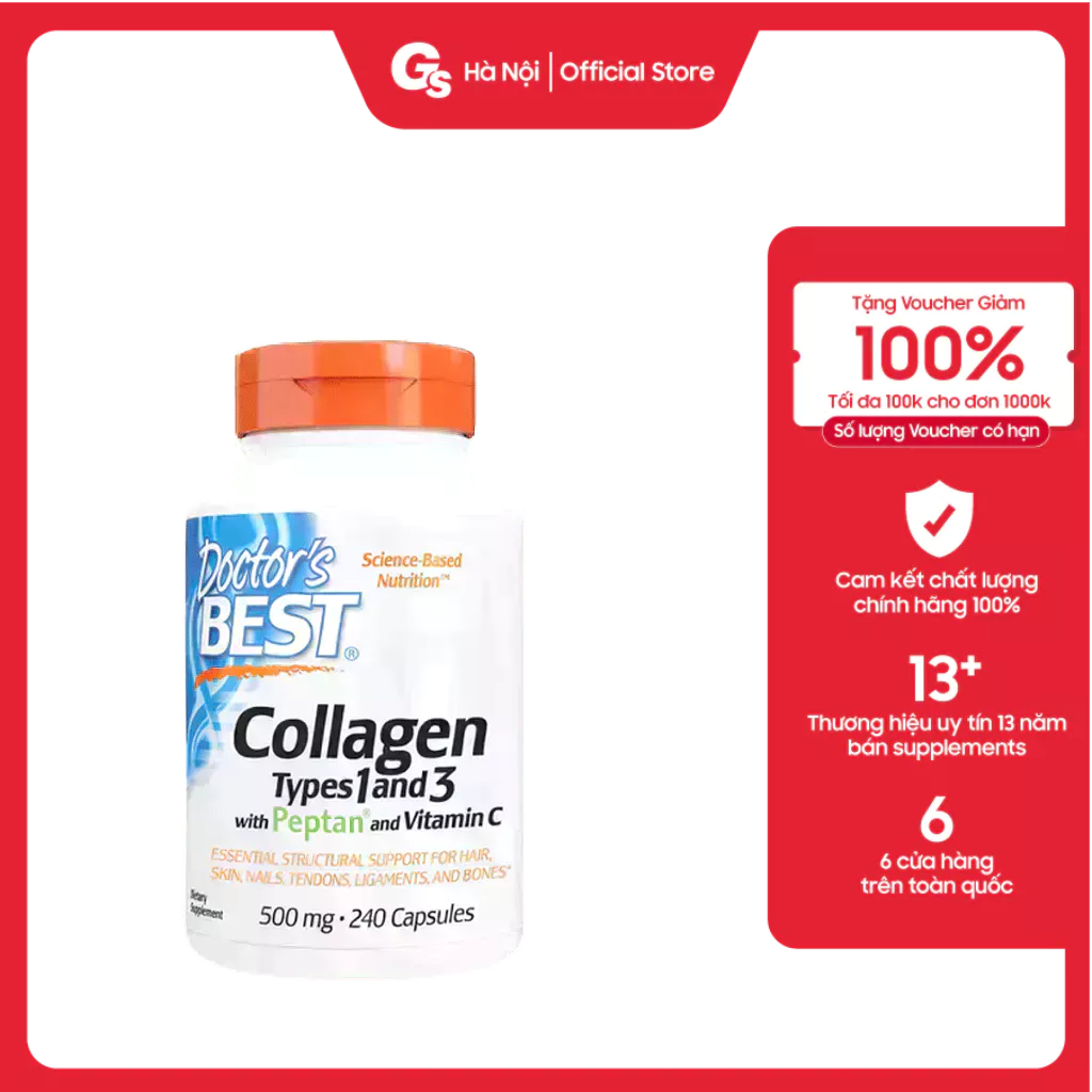 Viên uống Doctor's Best Collagen Types 1 & 3 with Peptan, 500 mg (240 Capsules) nhập khẩu Mỹ - Gymstore