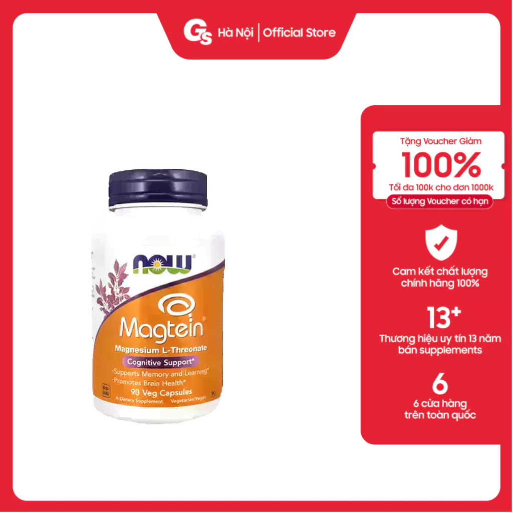 Viên uống NOW Magtein, Magnesium L-Threonate, (90 Capsules) nhập khẩu Mỹ - Gymstore cải thiện sức khỏe và trí não