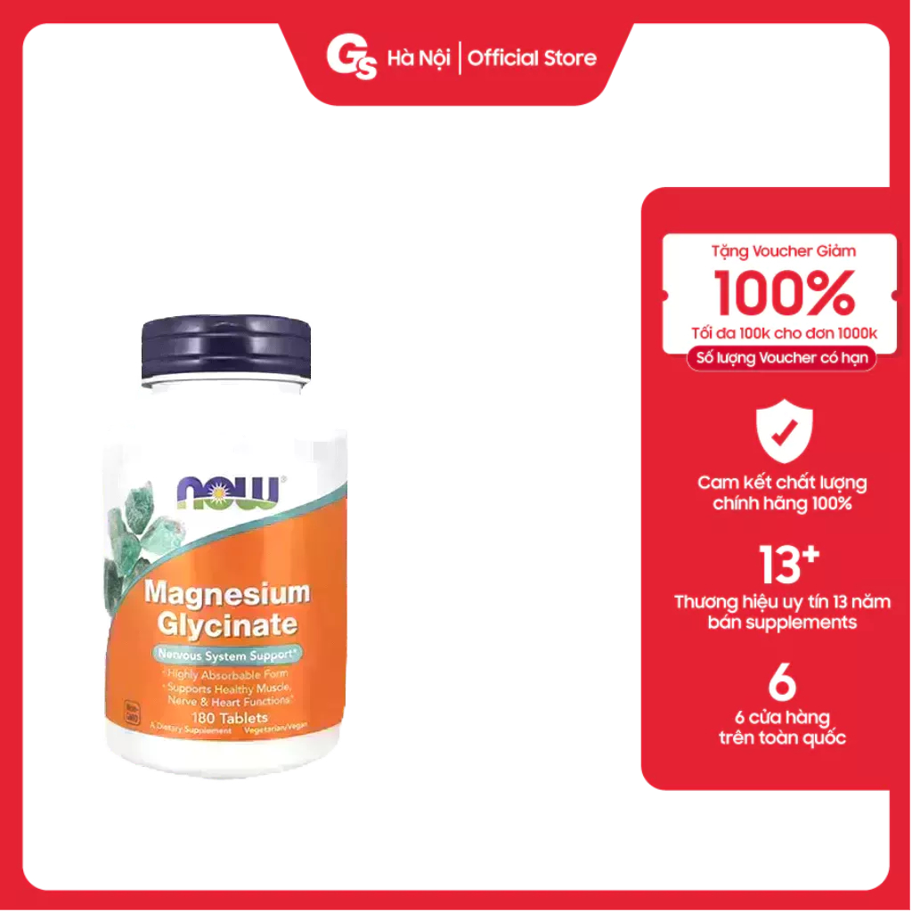 Viên uống NOW Magnesium Glycinate 200 mg with TRAACS, (180 viên) nhập khẩu Mỹ - Gymstore