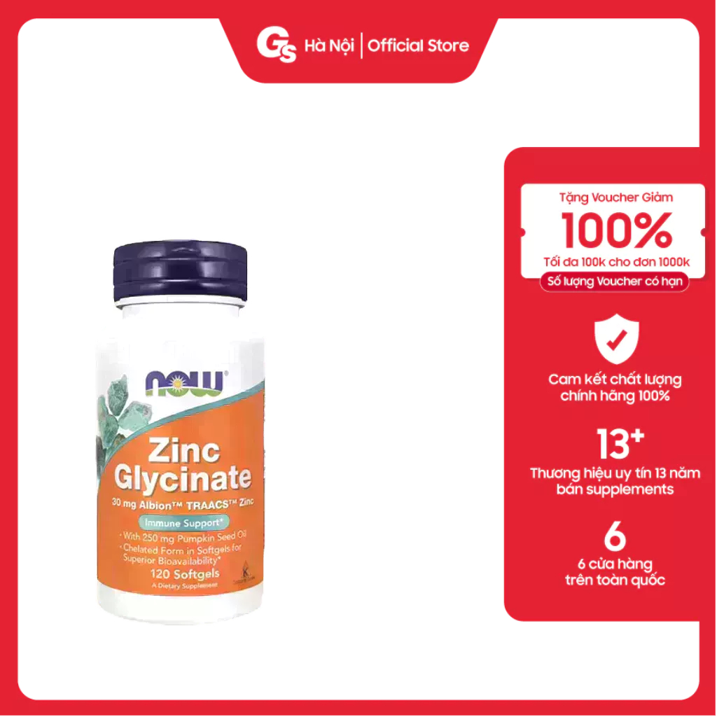 Viên uống kẽm NOW Zinc Glycinate 30 mg Albion TRAACS Zinc, (120 viên) nhập khẩu Mỹ - Gymstore