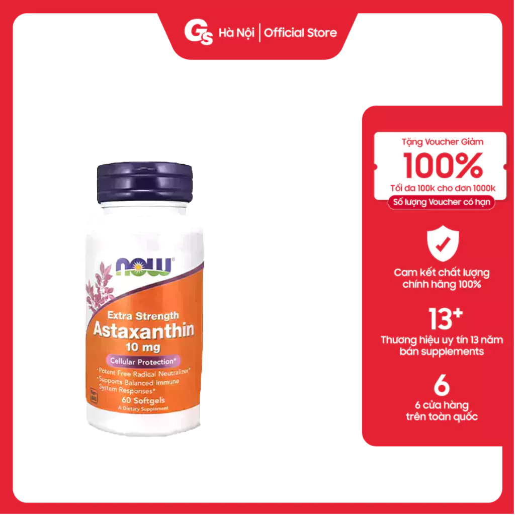 Viên uống NOW Extra Strength Astaxanthin 10 mg, (60 Softgels) nhập khẩu Mỹ - Gymstore