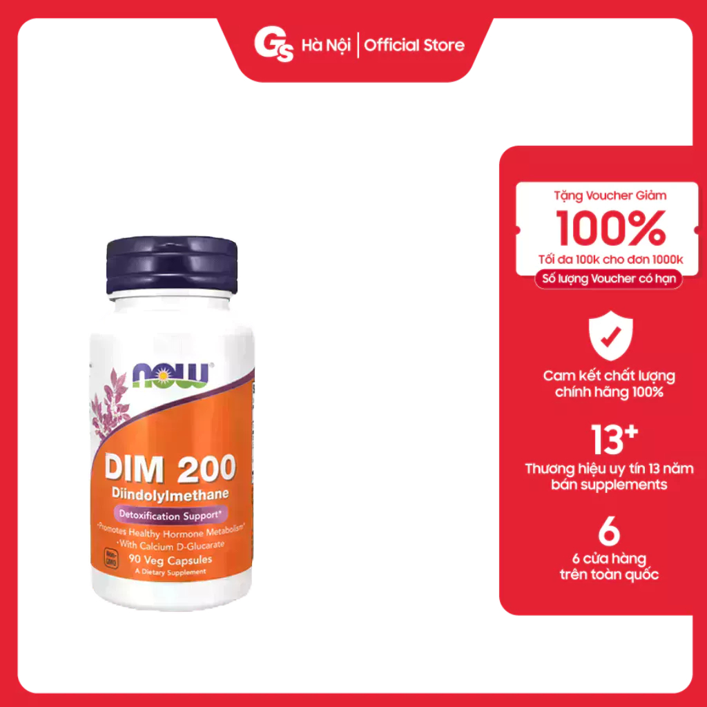 Viên uống Now Dim 200, Diindolylmethane with Calcium D-Glucarate, 90 (viên) nhập khẩu Mỹ - Gymstore
