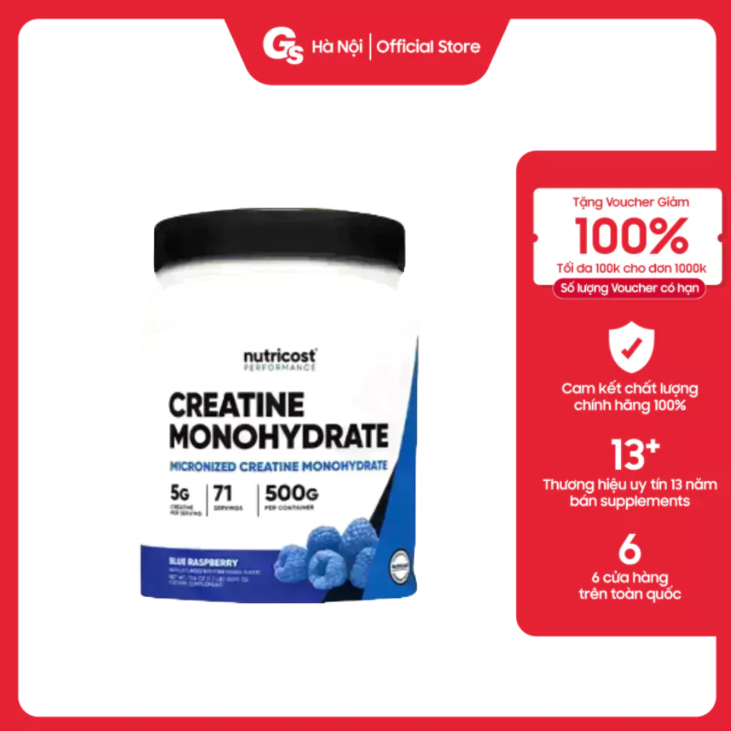 Bột tăng sức mạnh Nutricost Pure Creatine Monohydrate Powder Micronized, 500G (100 Servings) nhập khẩu Mỹ - Gymstore
