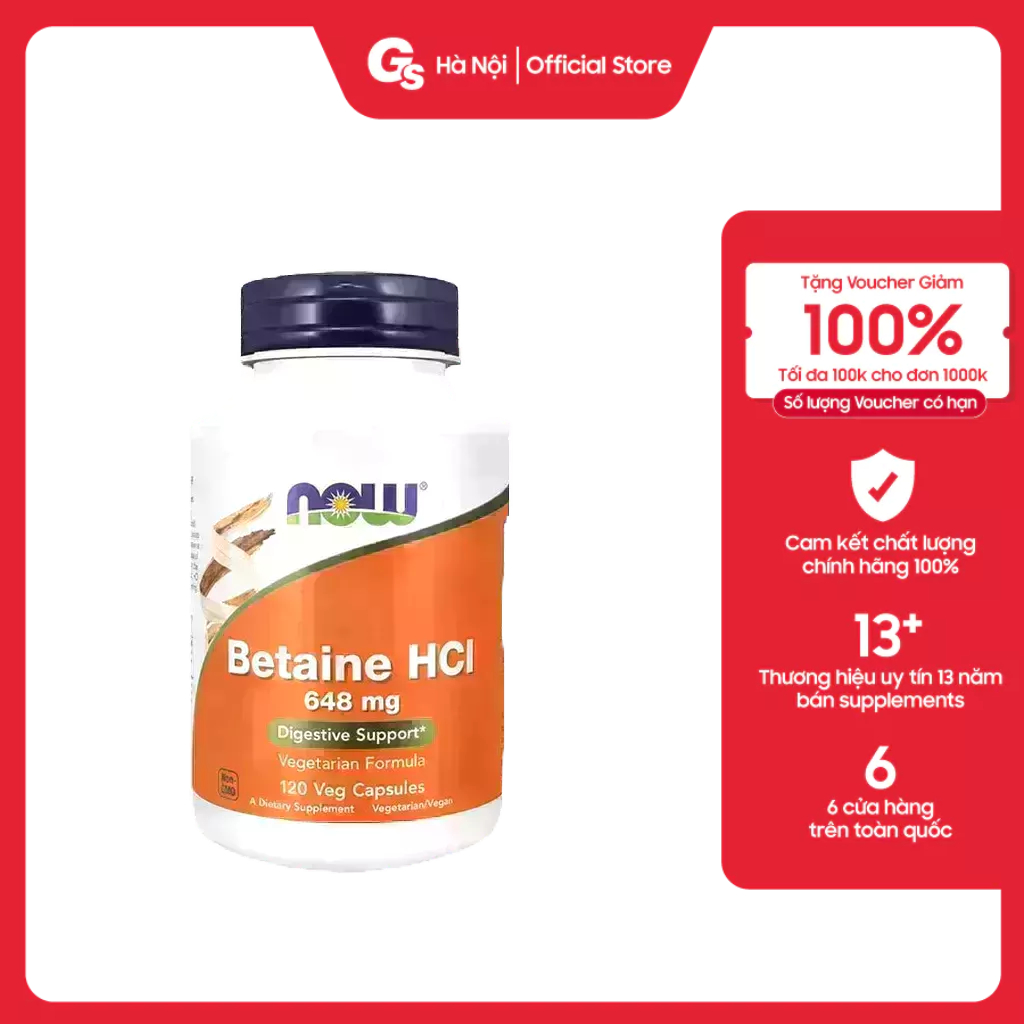 Viên uống NOW Betaine HCL 648 mg hỗ trợ tiêu hoá, tổng hợp Protein - CHÍNH HÃNG