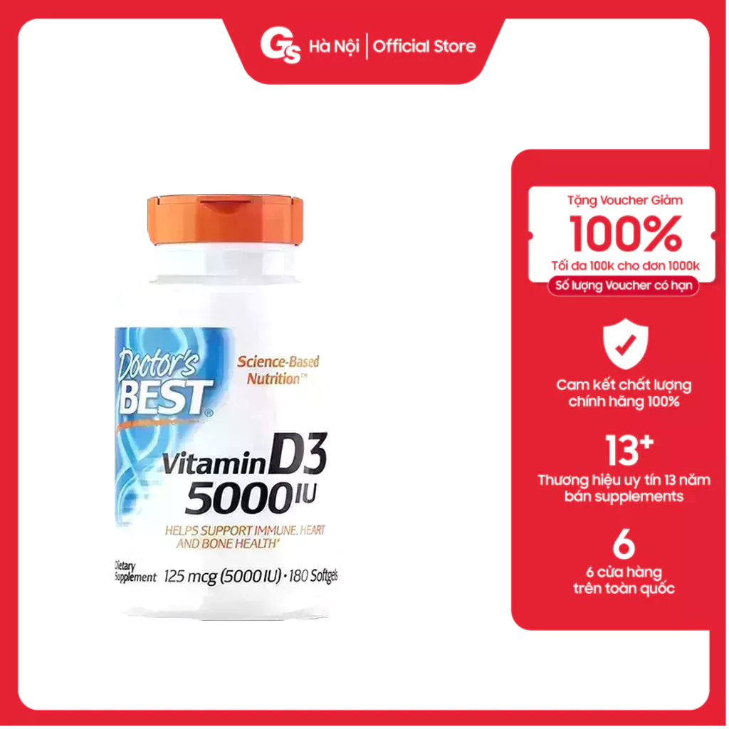 Viên uống Doctor's Best Vitamin D3 - 5000 IU (125 mcg) nhập khẩu Mỹ - Gymstore bảo vệ sức khỏe
