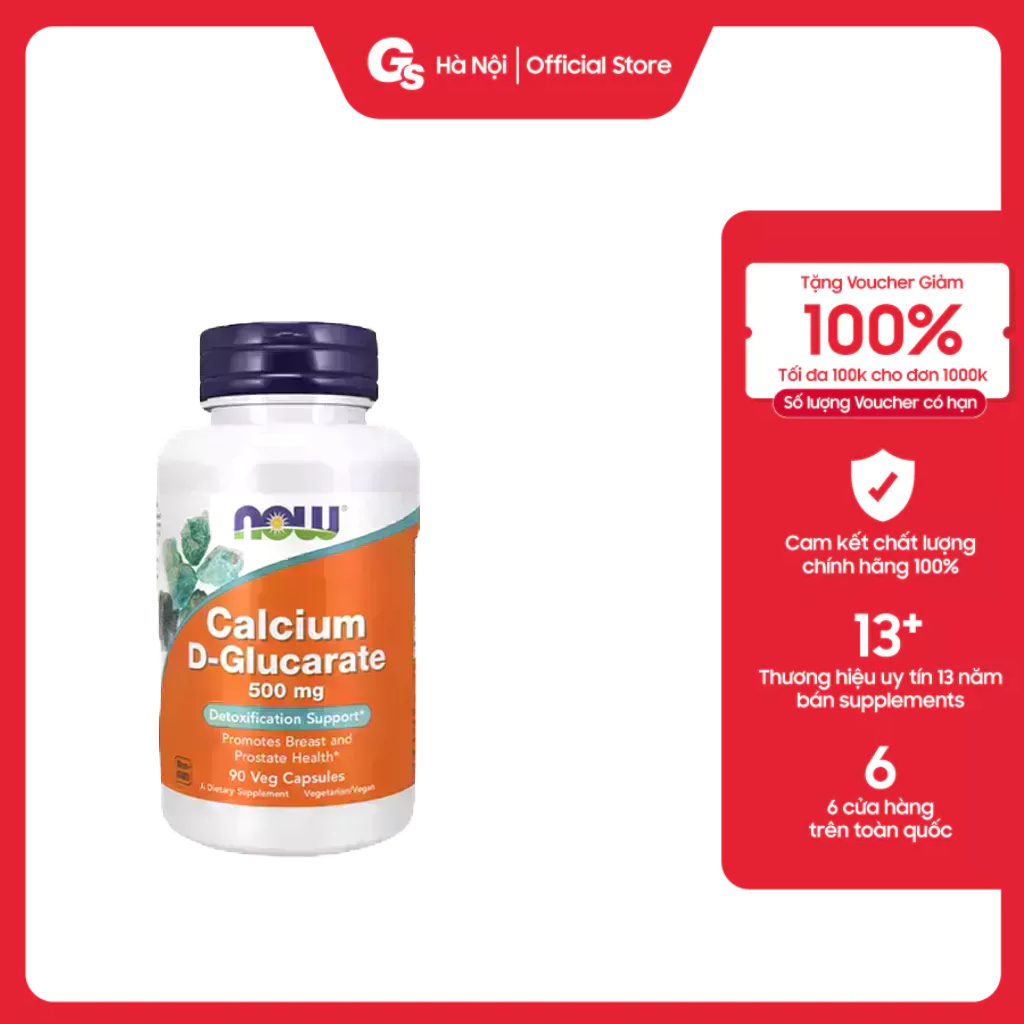 Viên uống NOW Calcium D-Glucarate 500 mg, (90 viên) nhập khẩu Mỹ - Gymstore thải độc, cân bằng nội tiết tố