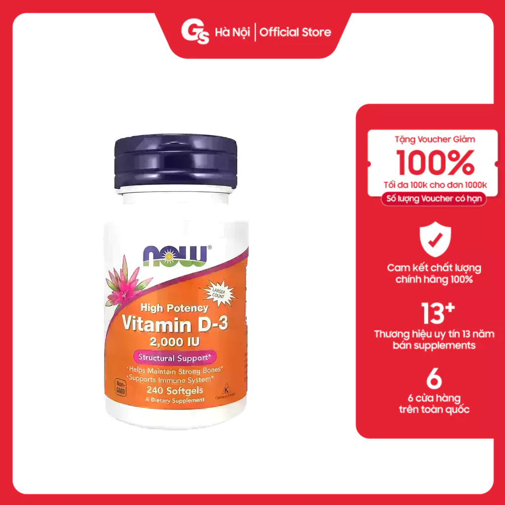 Viên uống Now Vitamin D3 2000IU (50mcg) nhập khẩu Mỹ phân phối Gymstore hỗ trợ tăng cường đề kháng, hỗ trợ tim mạch