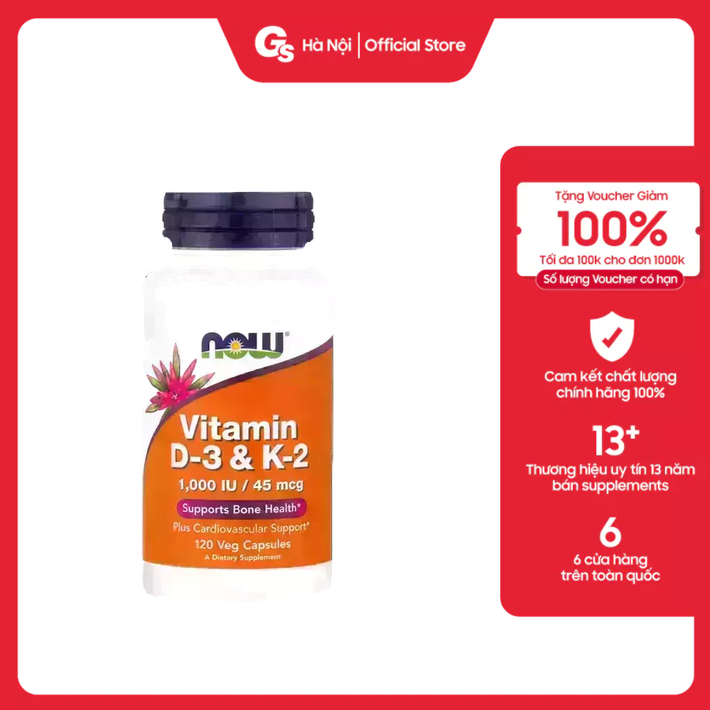 Viên uống Now Vitamin D3 + K2 1000IU (120 viên) nhập khẩu Mỹ - Gymstore tăng miễn dịch chuyển hóa canxi, chắc khỏe xương
