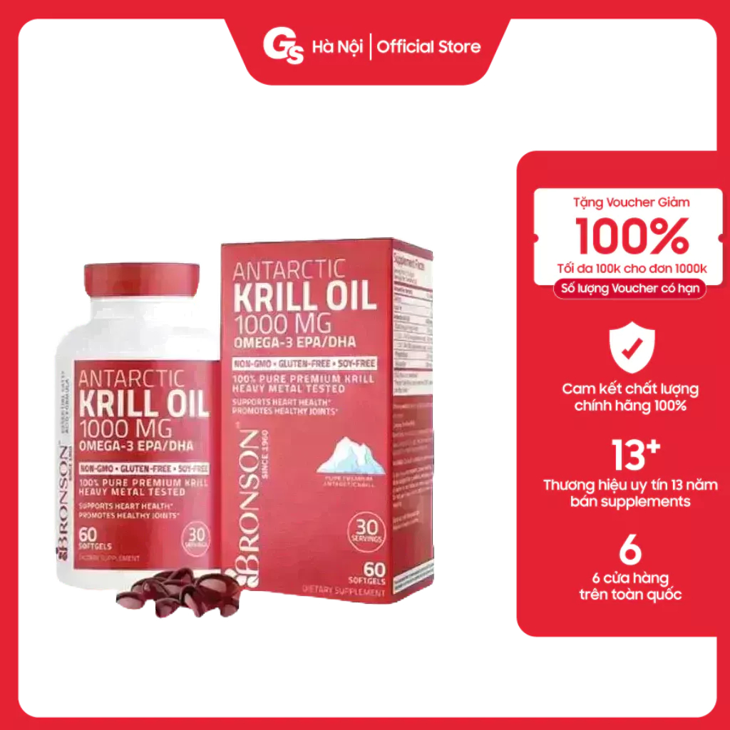 Dầu nhuyễn thể Bronson Antarctic Krill Oil with Omega-3 EPA/DHA, 1000 mg nhập khẩu Mỹ - Gymstore