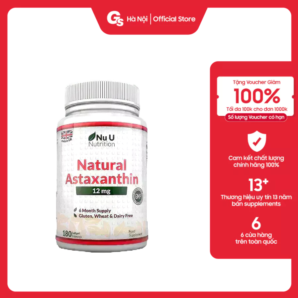 Viên uống Nu U Astaxanthin 12mg (180 viên) nhập khẩu Anh - Gymstore chống lão hóa da, siêu hoạt chất chống oxi hóa tốt