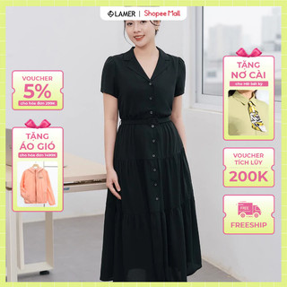 Đầm nữ dáng xòe cổ 2 ve, đai eo nhún gấu LAMER L63L24H016