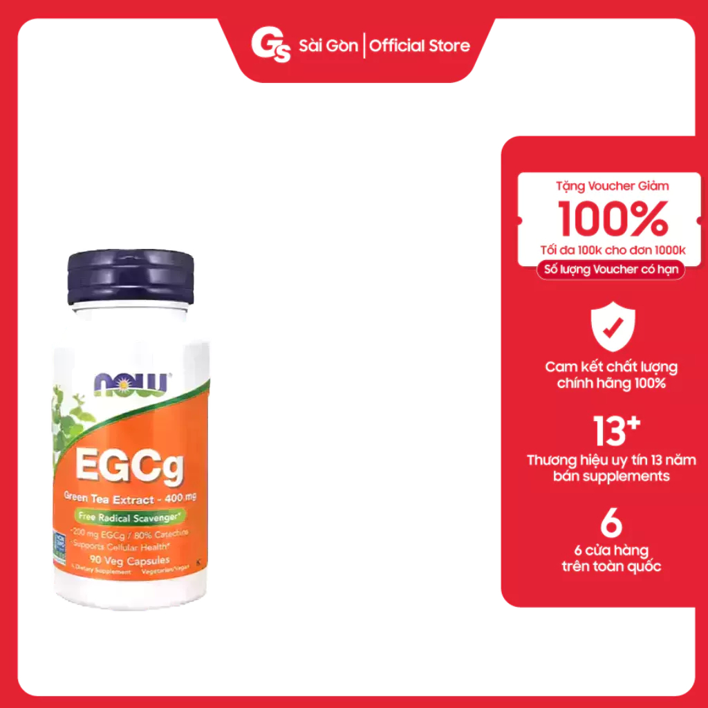 Viên uống Now EGCg Green Tea Extract 400mg (90 Vcaps) nhập khẩu Mỹ - Gymstore giúp tăng cường trao đổi chất