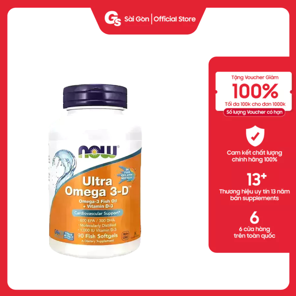 Viên uống Now Ultra Omega 3-D, 600 EPA / 300 DHA Fish Oil + Vitamin D-3 nhập khẩu Mỹ