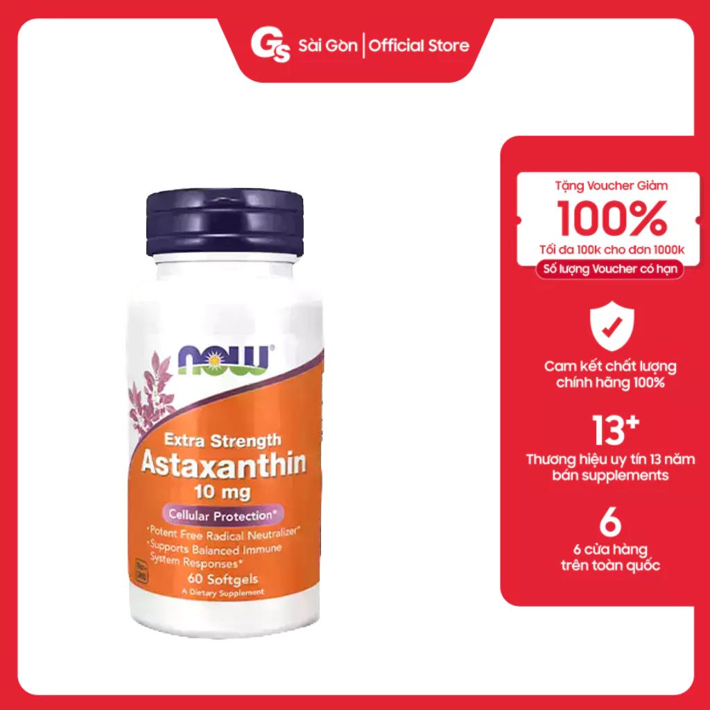 Viên uống NOW Extra Strength Astaxanthin 10 mg, (60 Softgels) nhập khẩu Mỹ - Gymstore giúp đẹp da, chống lão hóa