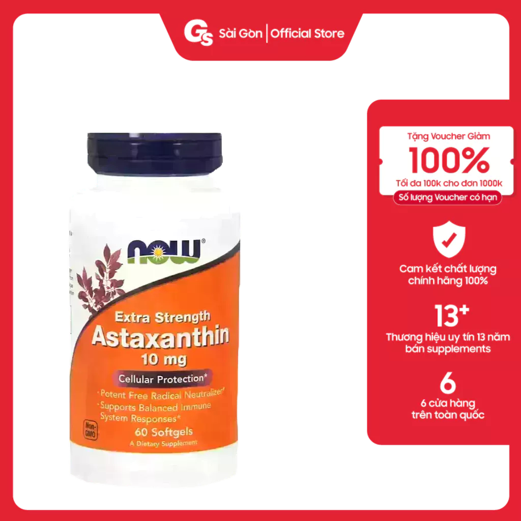 Viên uống Vitamin NOW Extra Strength Astaxanthin 10 mg nhập khẩu Mỹ chống lão hóa hiệu quả