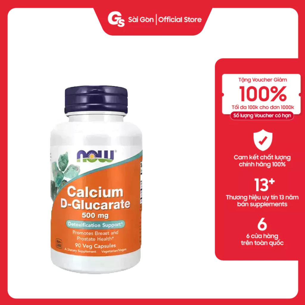 Viên uống NOW Calcium D-Glucarate 500 mg, (90 viên) nhập khẩu Mỹ - Gymstore