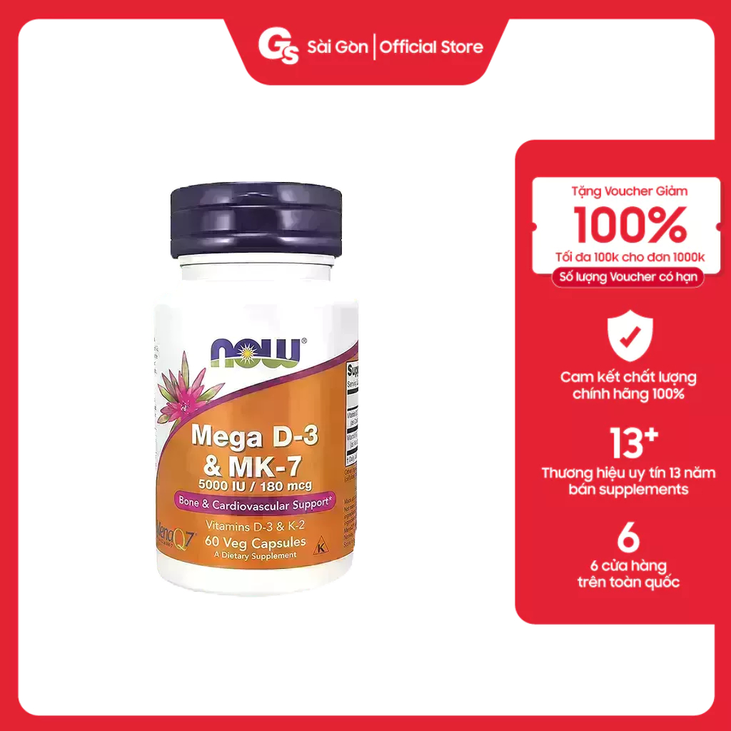 Viên uống Vitamin Now Mega D-3 & MK-7 (60 Capsules) thúc đẩy xương chắc khỏe, ngăn ngừa bệnh loãng xương