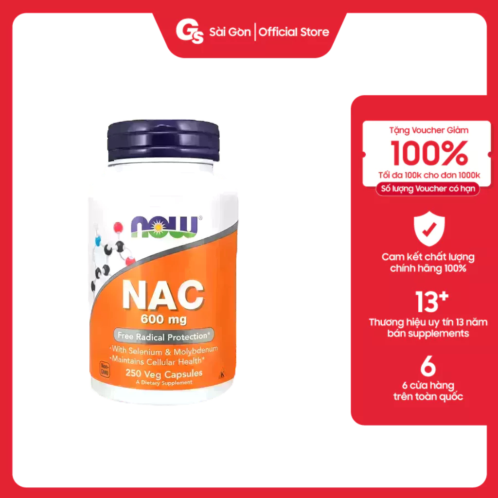 Viên uống Now NAC 600 mg w/ Selenium & Molybdenum (250v) cải thiện tim mạch, sức khỏe nam giới, hiệu suất luyện tập
