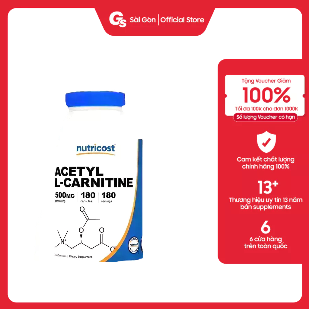 Viên uống giảm mỡ Nutricost Acetyl L-Carnitine 500mg (180 viên) nhập khẩu Mỹ - Gymstore