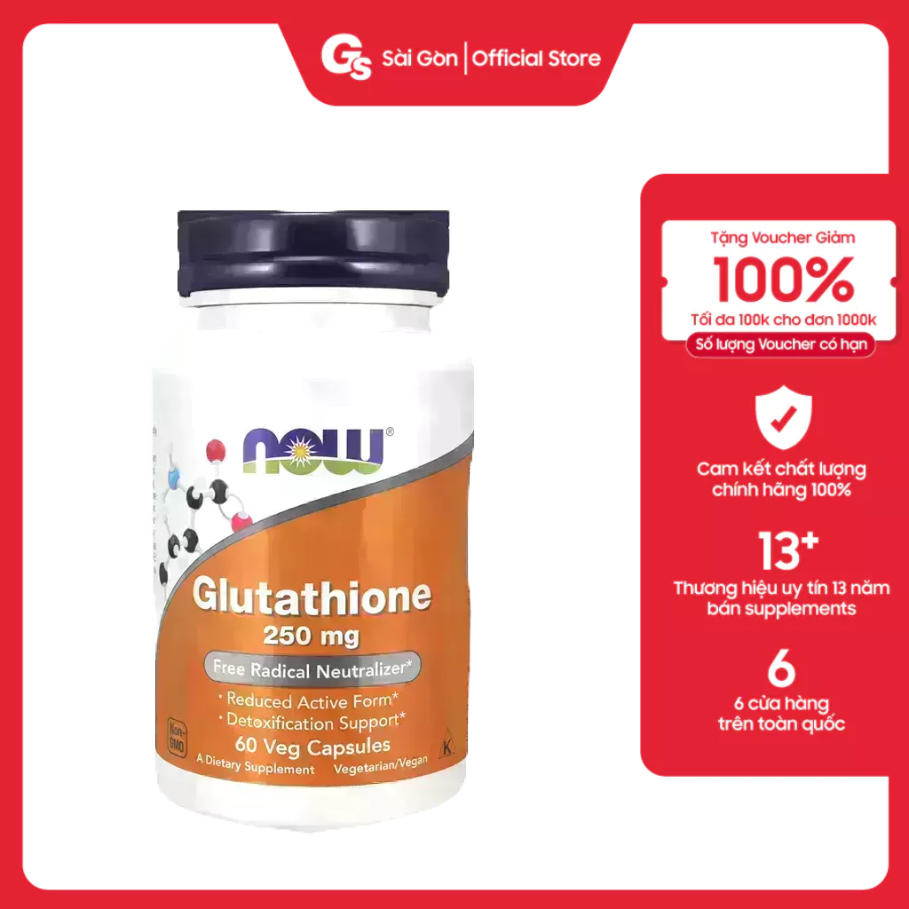 Viên uống trắng da, giải độc gan, chống oxy hóa Now Glutathione (500 mg) nhập khẩu Mỹ
