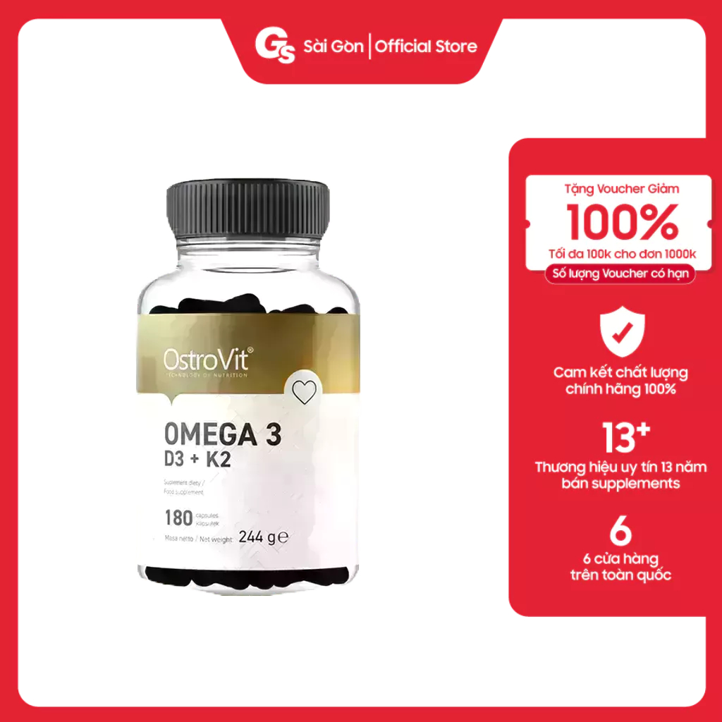 Viên uống Ostrovit Omega 3 D3 + K2 Plus Vitamin E (90 viên) giúp cải thiện trí não, xương khớp