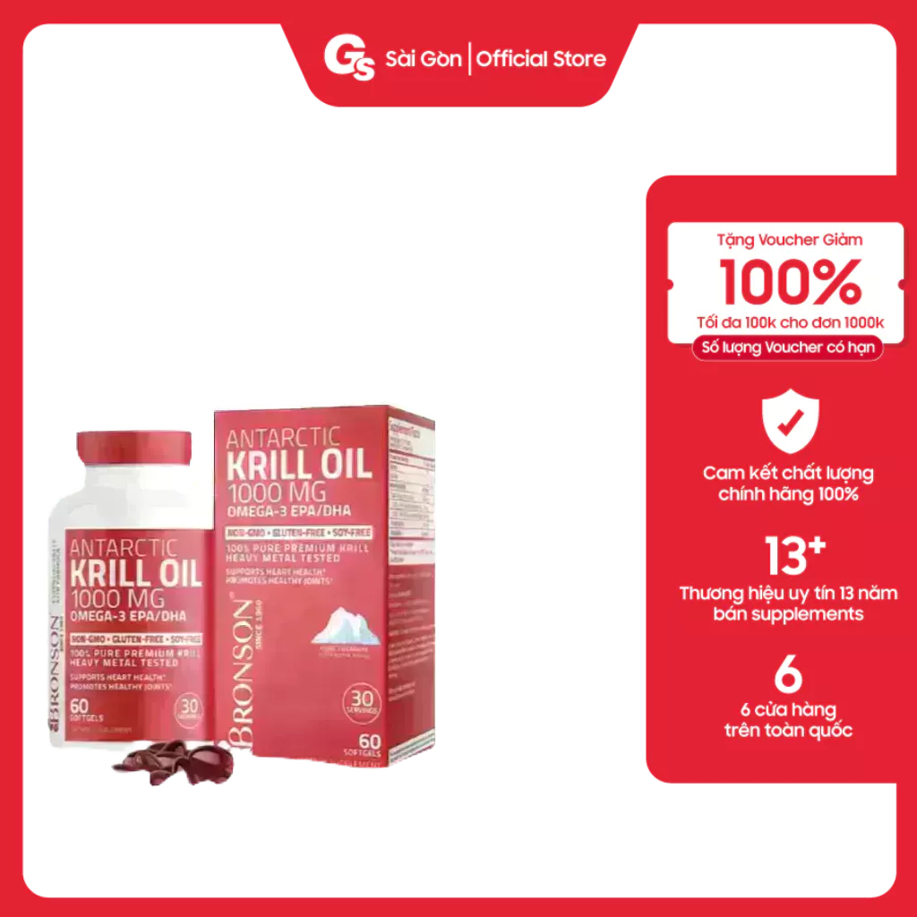 Dầu nhuyễn thể Bronson Antarctic Krill Oil with Omega-3 EPA/DHA, 1000 mg nhập khẩu Mỹ - Gymstore tăng cường sức khỏe