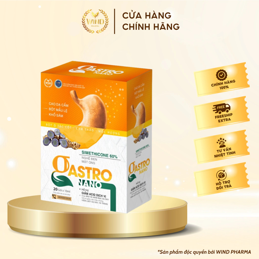 Gel Uống Dạ Dày Gastro Nano - Giảm Ợ Hơi, Đầy Bụng, Khó Tiêu (Hộp Cứng 20 Túi x10ml)