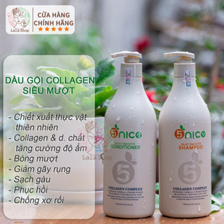 Cặp dầu gội xả 5NICE - Silky Smooth collagen keratin sạch gàu phục hồi mái tóc hư tổn 750ml
