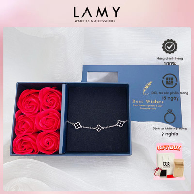 Gift set quà tặng - Vòng tay bạc LAMY Four Leaf cỏ 4 lá đính đá Bracelet Black 2186
