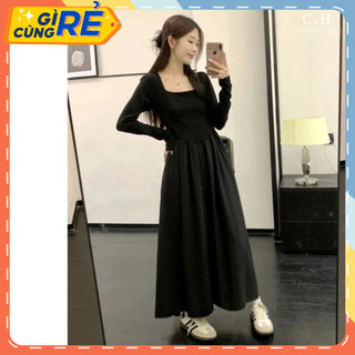 Váy đầm nữ đen thun tăm xuông váy maxi dài tay co giãn thoải mãi C&H Clothing