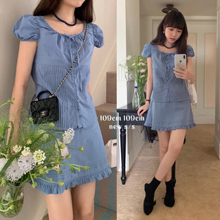 𝟏𝟎𝟗𝐜𝐦 Set đồ nữ áo sơ mi tay bồng kèm chân váy viền bèo nhún - Xanh