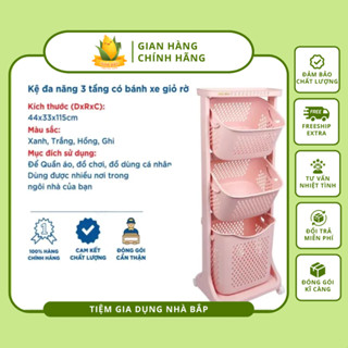 Kệ Đựng Đồ Đa Năng Việt Nhật - Kệ Giỏ Nhựa 3 Tầng Có Bánh Xe