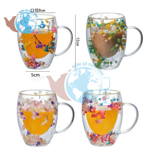 Ly thủy tinh 2 lớp 350ml ly lớn có hoa / cốc thủy tinh 2 lớp lớn , ly cao chịu nhiệt tốt