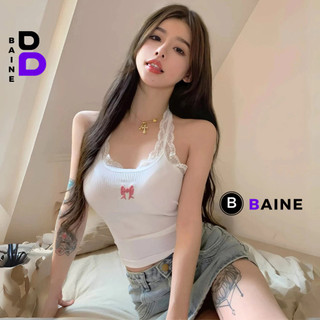 Áo Croptop CỔ YẾM PHỐI REN THÊU NƠ HỒNG Nữ Chất Thun Gân Kiểu Sexy Nữ, Áo Thun Ôm Body Đẹp BAINE