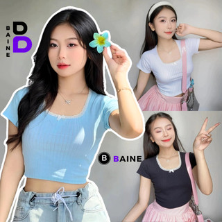 Áo Croptop Tay Ngắn CỔ VUÔNG REN NƠ Ôm Body Nữ, Áo Thun Crt Kiểu Sexy Chất Gân Họa Tiết Đẹp BAINE