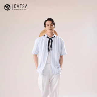 Áo sơ mi linen tay ngắn CATSA trắng sọc xanh biển ASN202
