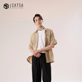 Áo sơ mi linen nam CATSA trắng be túi mổ tay ngắn 11ASN034