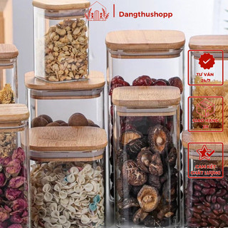 Hũ thuỷ tinh vuông, hộp thuỷ tinh vuông, lọ thuỷ tinh vuông nắp gỗ đựng thực phẩm