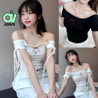 Áo croptop tay ngắn trễ vai nơ đỏ phối dây buộc nơ, áo thun hở vai thêu họa tiết chất borip kiểu sexy iowa