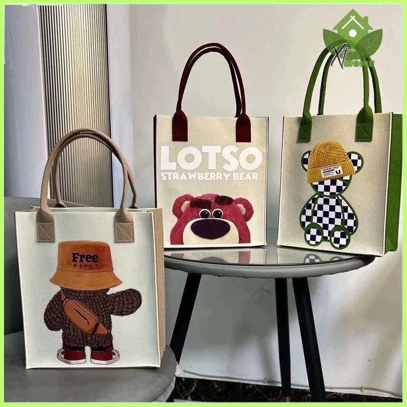 (LOẠI DÀY - ĐỨNG TÚI) Túi Xách Tote Vải Nỉ Ép, Túi Nỉ Gấu Dâu Hoạt Hình, Dùng Đi Học, Đựng đồ