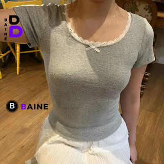 Áo Thun TAY NGẮN CỔ TRÒN REN NƠ Dáng Dài Nữ, Áo Babytee Chất Thun Gân Kiểu Trơn BAINE