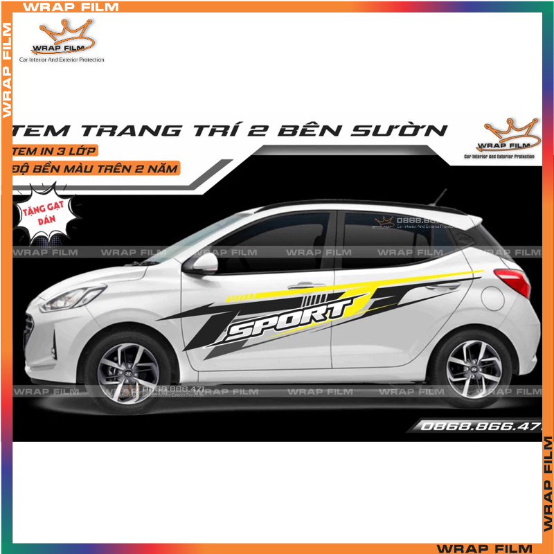 Tem xe ô tô - Tem 2 bên sườn trang trí Kia Morning, i10 - Tem PVC 3 lớp không thấm nước, chống phái màu