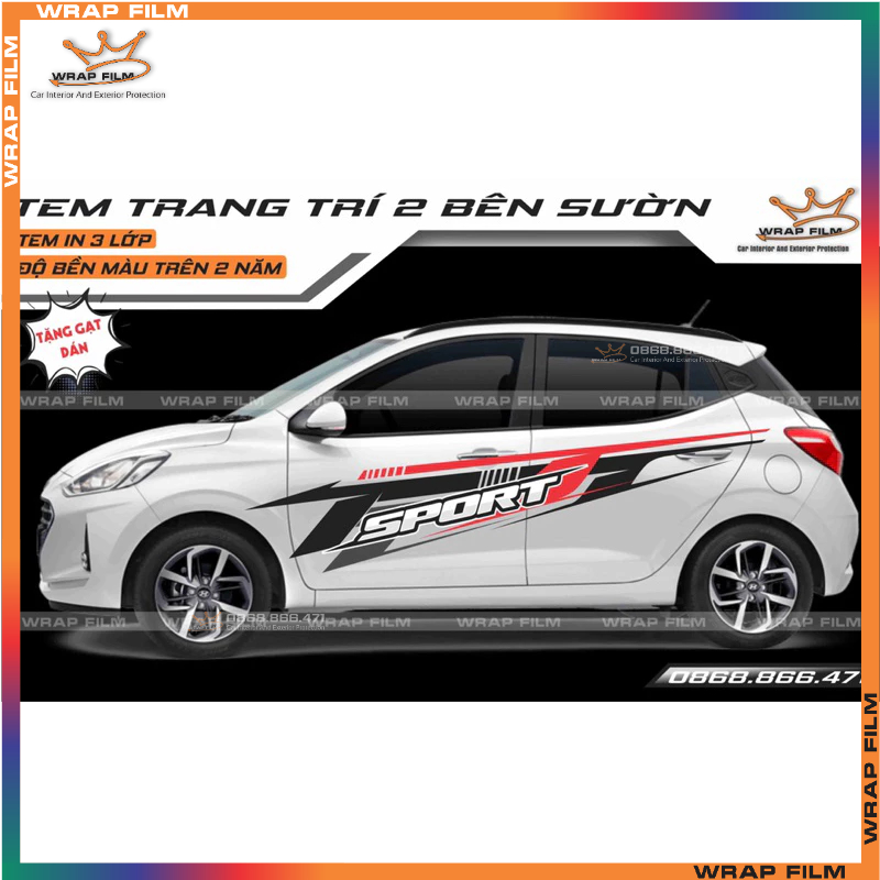 Tem xe ô tô - Tem 2 bên sườn trang trí Kia Morning, i10 - Tem PVC 3 lớp không thấm nước, chống phái màu