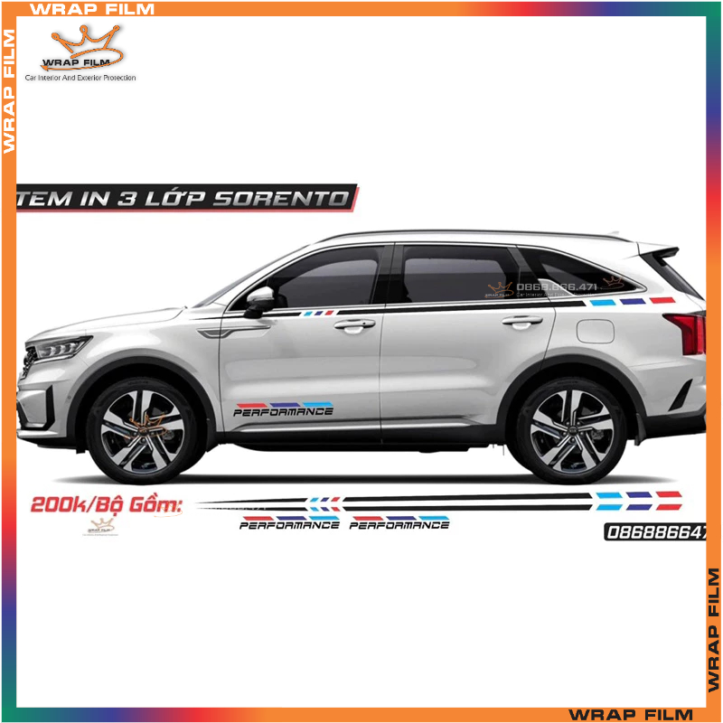 Tem xe ô tô - tem trang trí 2 bên sườn Kia Sorento - tem PVC 3 lớp