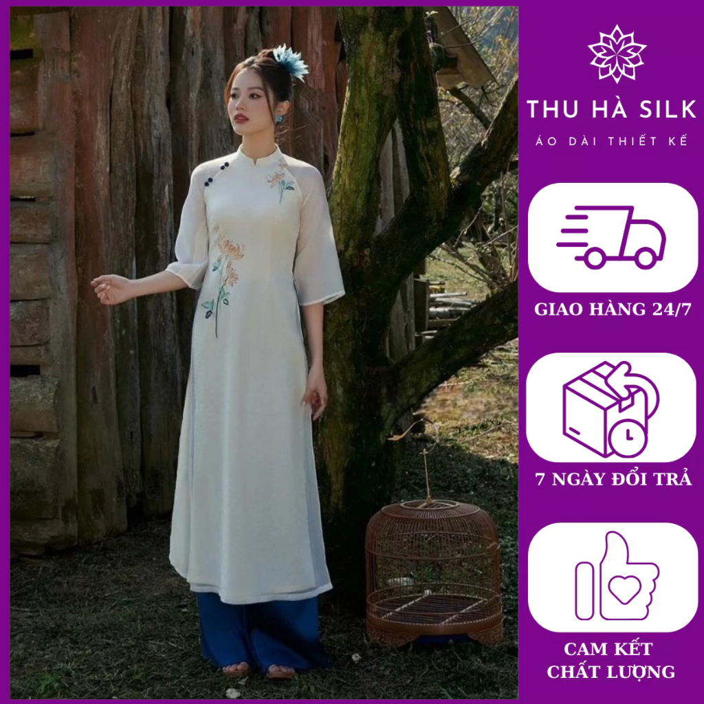 Áo dài cách tân thiết kế chất liệu tơ tằm thêu đính kết cao cấp - áo dài Thu Hà Silk - TH24030