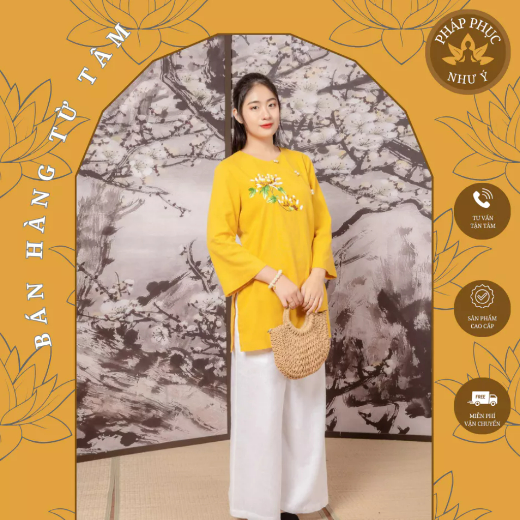 Pháp Phục đi chùa Vải LINEN, THÊU HOA CÚC THỦ CÔNG , Bộ Đi Lễ Chùa Nữ- Quần Áo Đi Chùa cao cấp
